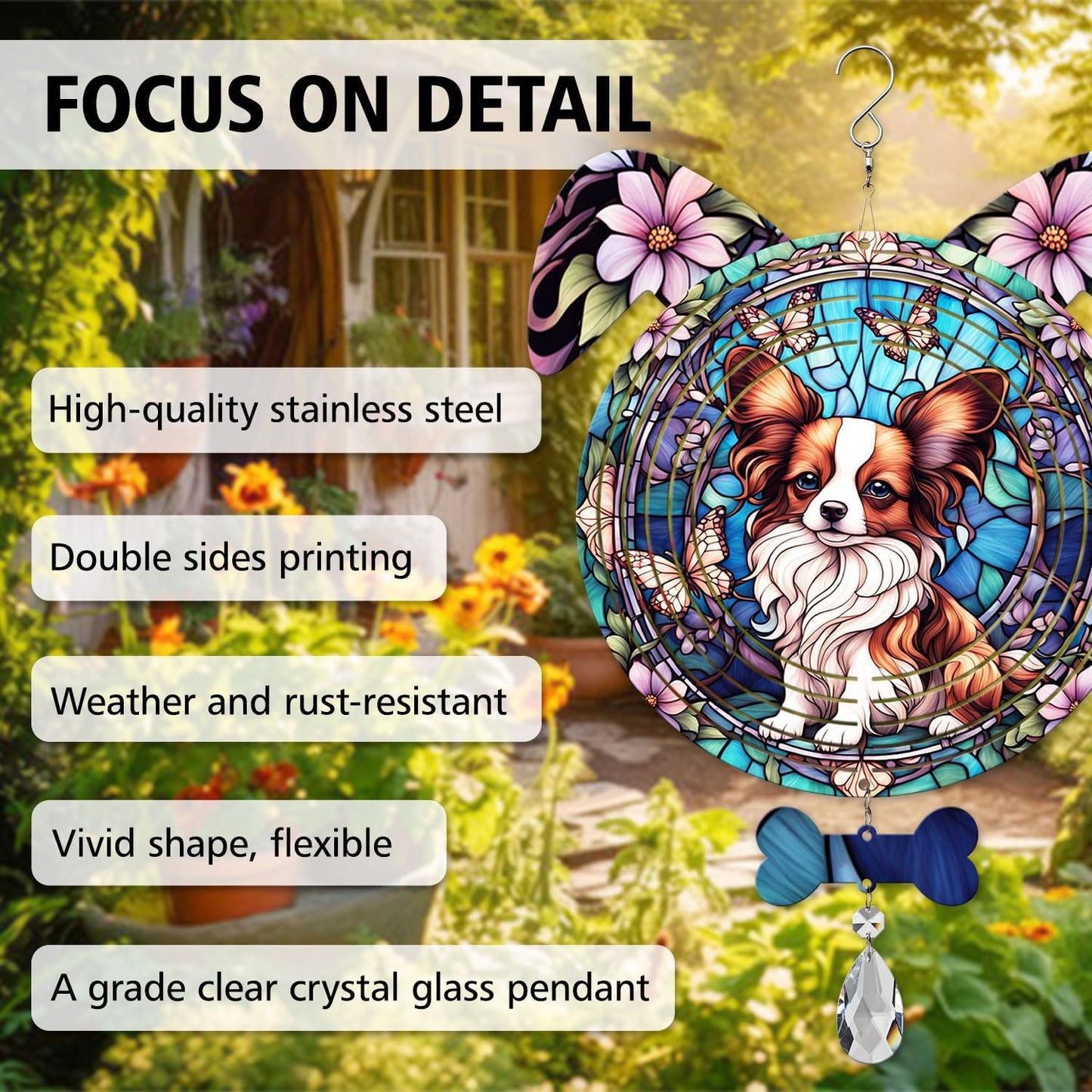 Papillon Dog Ears Wind Spinner, Papillon Wind Spinner Hanging for Yard and Garden V02