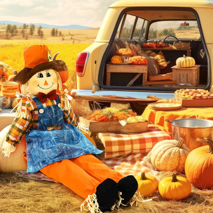 Marsui 1 Pcs 59" Large Outdoor Scarecrow Fall Harvest Thanksgiving Halloween Decoration, Life Size Standing or Sitting Scarecrow Outside Decor for Autumn Garden Yard Porch (Girl)