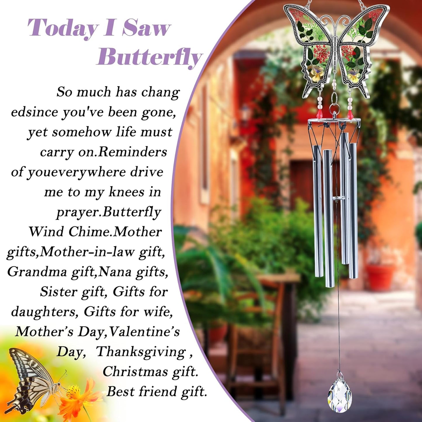 Butterflies Wind Chimes Glass Metal Real Flower and Multicolor 4 Tube Aluminum Windchime with S Hooks,Elegant Chime Outdoor, Garden,Balcony and Home Decoration with Wind Catcher Grandparent Day Gifts