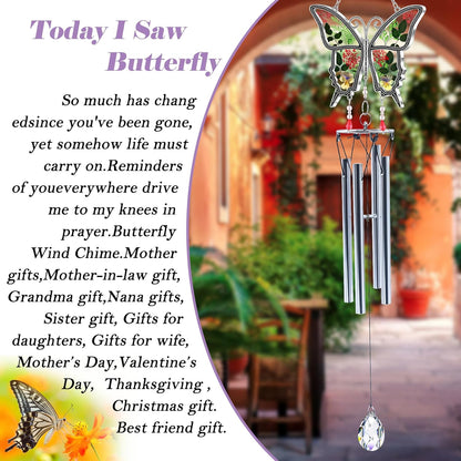 Butterflies Wind Chimes Glass Metal Real Flower and Multicolor 4 Tube Aluminum Windchime with S Hooks,Elegant Chime Outdoor, Garden,Balcony and Home Decoration with Wind Catcher Grandparent Day Gifts