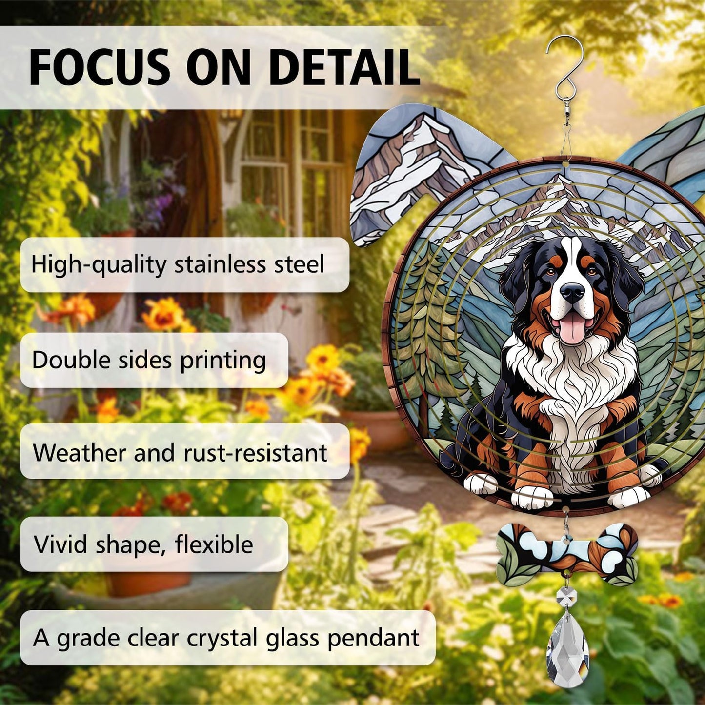 Bernese Mountain Dog Ears Wind Spinner, Bernese Mountain Wind Spinner Hanging for Yard and Garden V02