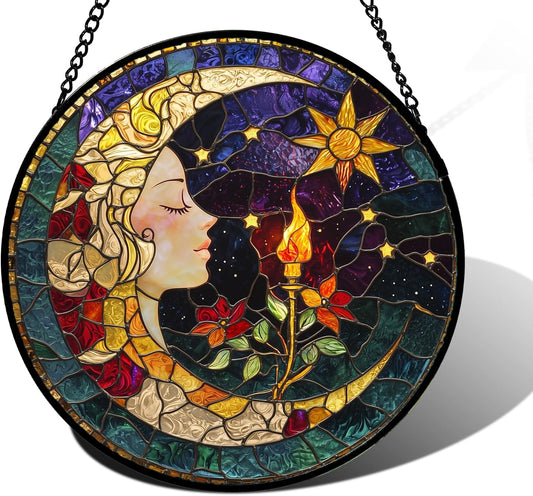 Stained Glass Window Hanging, Moon Goddess Torch Suncatcher Diamond Glass Panel Hangings Dream Sun