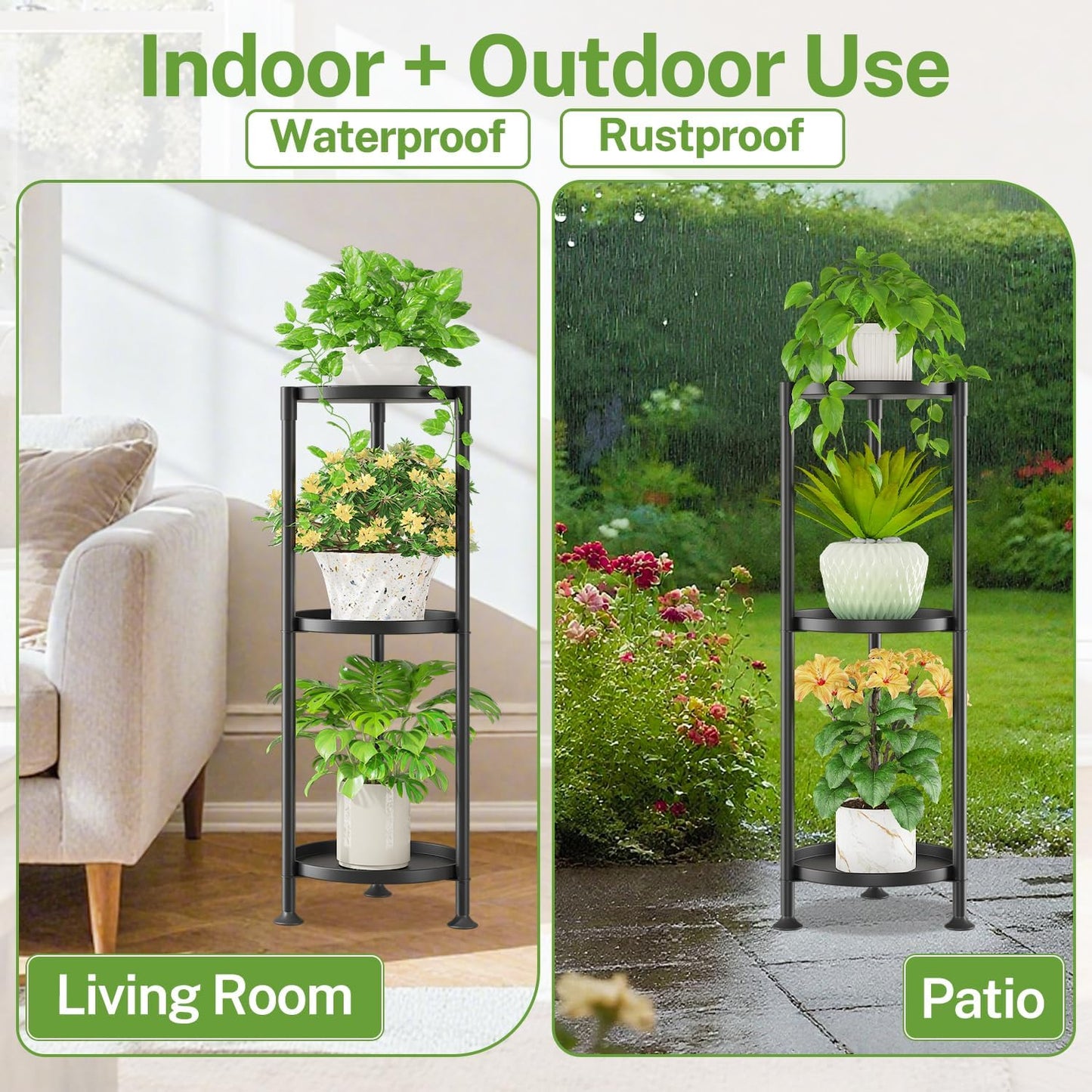 iDavosic.ly 3 Tier Plant Stand Indoor with 10 Inch Wide Tray, Vertical Corner Metal Outdoor Flower Display Holder Shelf, Folding Tall Rack for Patio Porch Living Room, Modern Black