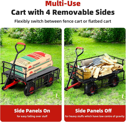 GarveeLife 880 LBS Steel Garden Dump Cart, Heavy Duty Yard Dump Utility Wagon w Removable Mesh Sides, Utility Metal Wagon w 180° Rotating Handle, 10 in Wheels Perfect for Garden, Farm, Yard