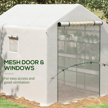 Outsunny 8' x 6' x 7' Walk-in Greenhouse, PE Cover, 4-Tier Shelves, Steel Frame Hot House, Roll-Up Zipper Door for Flowers, Vegetables, Saplings, Tropical Plants, White