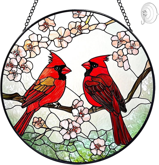Cardinal Suncatcher Stained Glass Window Hanging - 8” Stained Glass Suncatchers for Windows - Sun