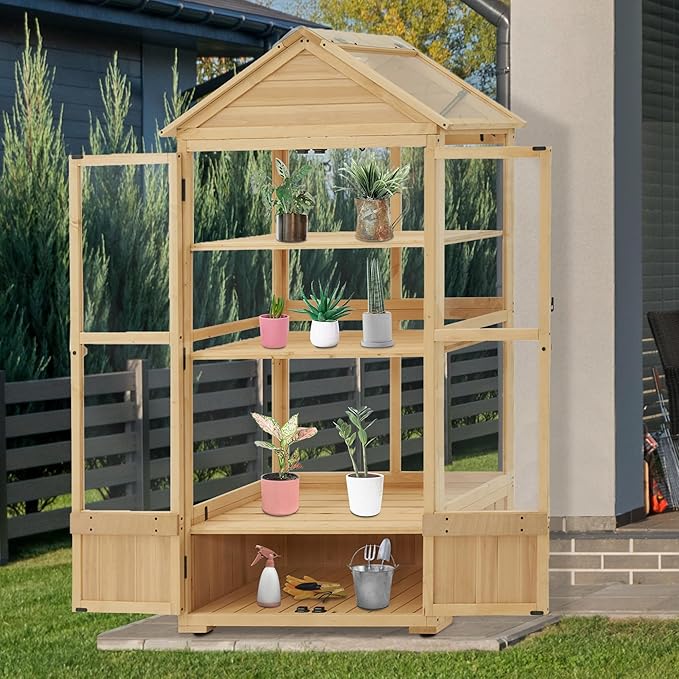 Macrout 3-Tier Solid Wood Cold Frame Greenhouse Cabinet Adjustable Shelves, Dual-Use Insulated Shed for Outdoor Garden & Indoor Balcony Planting, 0847