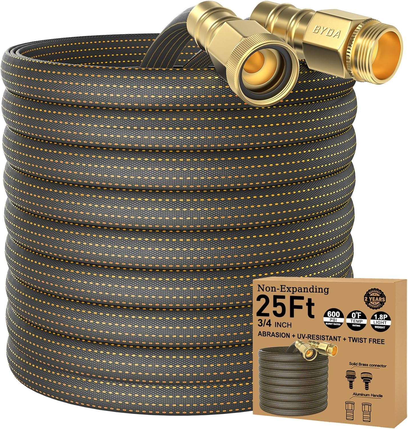 25FT Lightweight Flexible Garden Hose,Non-kink Hose,Solid Brass Fitting for Boats,RV Water Hose,Marine Washdown,Lawn,Garden,Leakproof TPE Hose(OrangeBlack,25FT)
