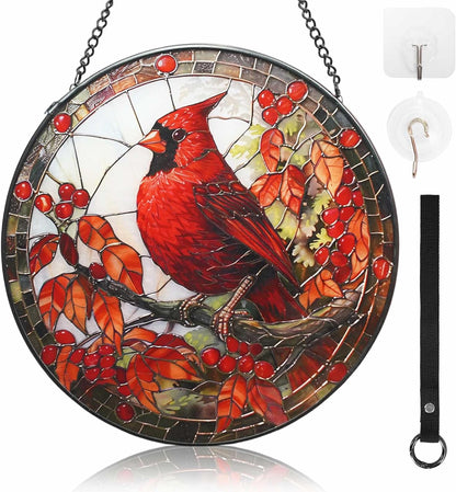Stained Glass Window Hanging - 7.9-Inch Cardinal Suncatcher Window Decor, Cardinal Gifts for Women, Family and Friends (Birthday/Christmas/Anniversary/Housewarming)