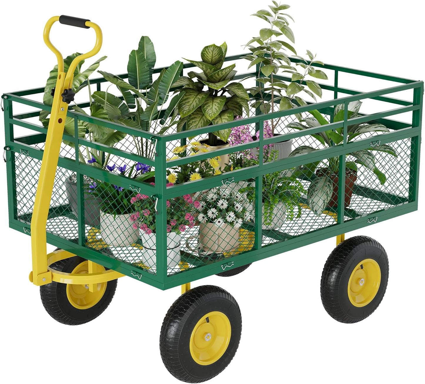 Metal Wagon - 1400lbs Garden Cart with 10" Multi-Terrain Tires, 4 Removable Mesh Sides & 180° Swivel Handle, Yard Wagon Cart for Lawn, Yard, Patio Gardening