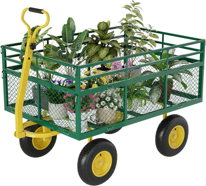 Metal Wagon - 1400lbs Garden Cart with 10" Multi-Terrain Tires, 4 Removable Mesh Sides & 180° Swivel Handle, Yard Wagon Cart for Lawn, Yard, Patio Gardening