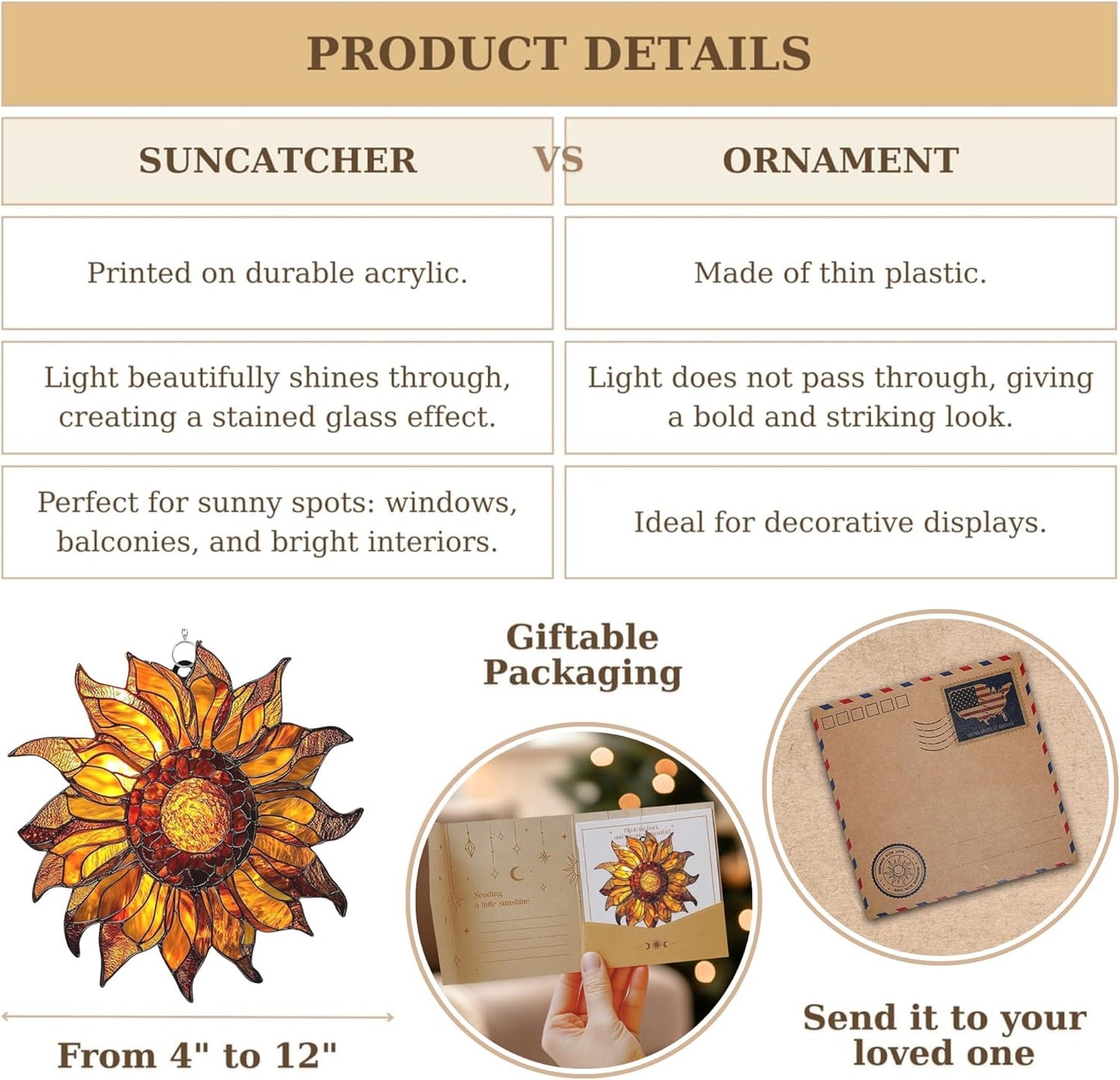 Radiant Sunflower Acrylic Suncatcher Stained Glass Effect Window Car Hanging Christmas Ornament Outdoor Indoor Decor Garden Sun Catcher Panel for Sunflower Lover for Women Mom Grandma