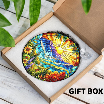 7.8" Sun Mountains Stained Glass, Suncatcher for Window Hanging, Suncatcher Art Decor for Home Garden Housewarming, Natural Scenery Gift for Mom, Grandma, Women, Friends, Couples ART-05E-SG8