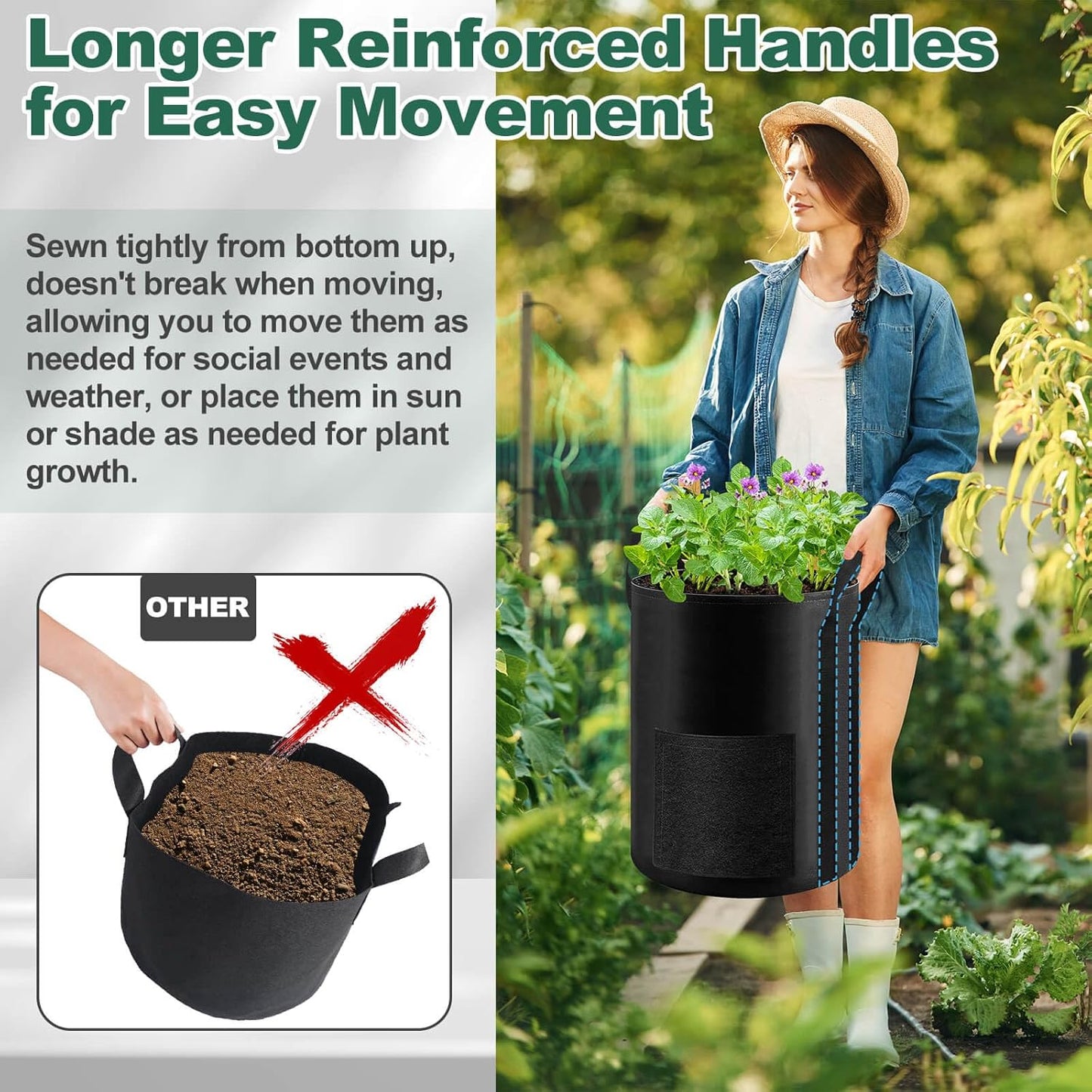 Lezmarket 2 Pack 10 Gallon Potato Grow Bags, Nonwoven Fabric Garden Planters with Reinforced Handle, Large Pots for Potato, Vegetable and Outdoor Plants