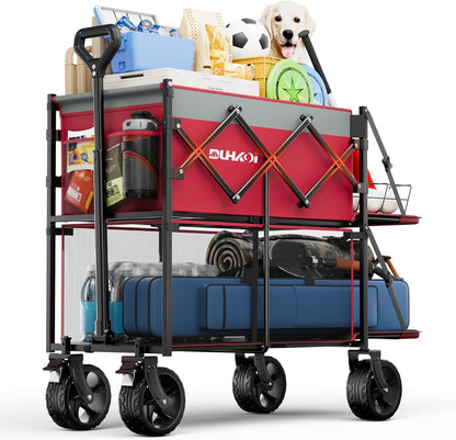 Double Decker Wagon 320L Large Capacity 400LBS Collapsible Sports Utility Cart with Big Wheels,Double Extended Tailgate Heavy Duty Folding Wagon Cart for Groceries,Camping,Outdoor-Rose Pink