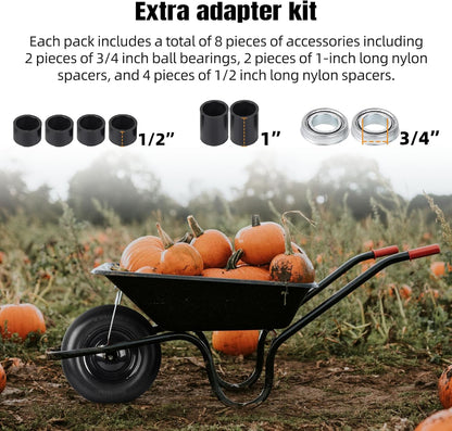 (2-PACK) 4.80/4.00-8" Tire and Wheel - Universal Fit 16" Flat Free Solid Wheelbarrow Tires with 3" Hub and 5/8" Bearings – Extra Adapter kit includes 3/4" Ball Bearings, 1" and 1/2" Nylon Spacers
