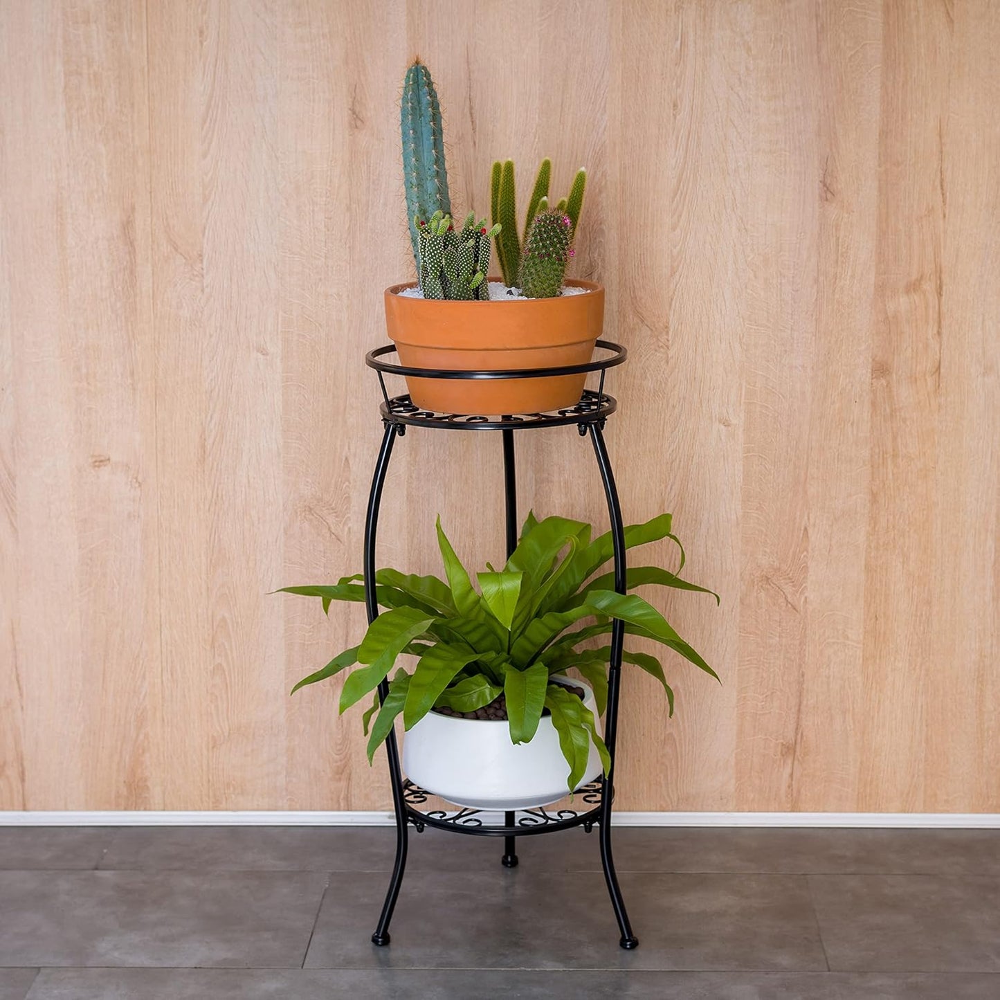 FaithLand 2 Pack Metal Plant Stands, Tall Planter Holder Indoor Outdoor, 2 Tier Round Potted Supports Rack, Corner Display Shelf Black