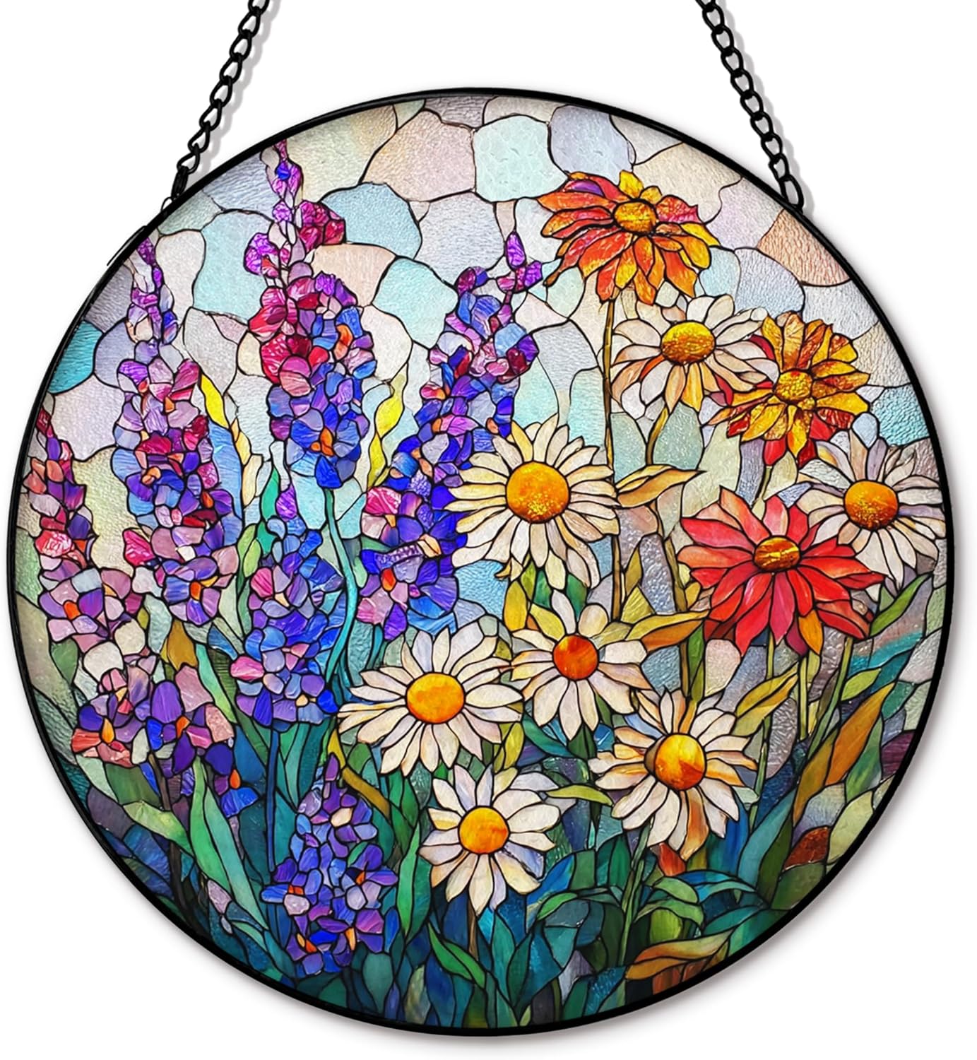 Flower Suncatcher Stained Glass Garden Window Hanging, Cottagecore Wildflower Sun Catchers Indoor Window Glass Round Wall Decor, Floral Botanical Wall Art Hanging Decorations, ＂7.8x7.8＂
