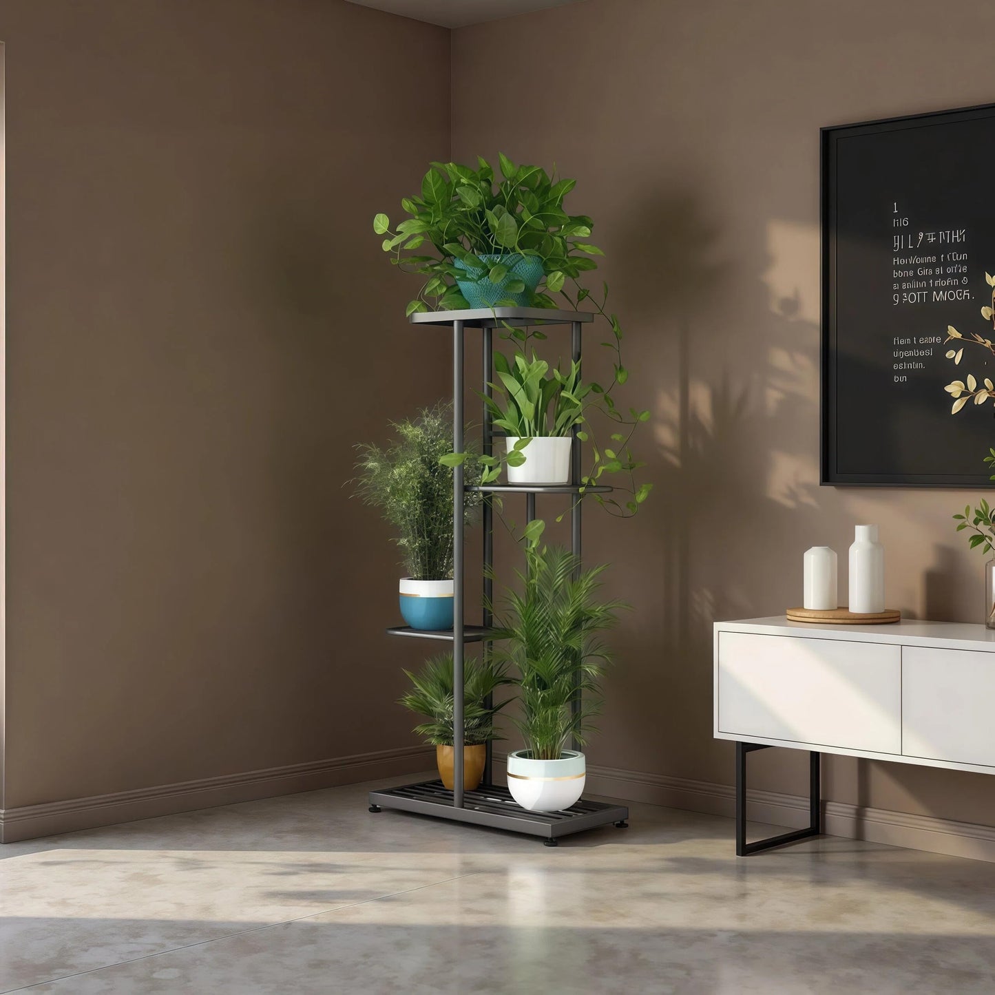 LINZINAR 4 Tier Plant Stand Indoor Outdoor Metal Flower Pot Display Shelf