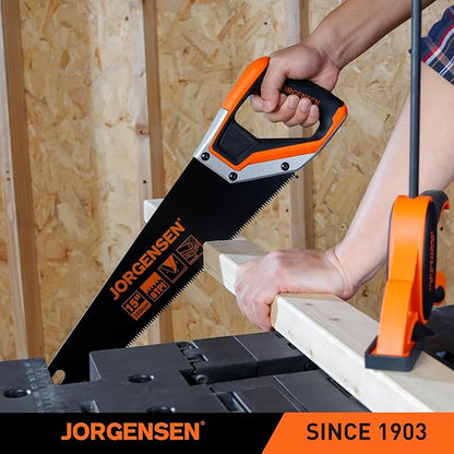 JORGENSEN 15??Hand Saw, Black Coated Coarse Handsaw 8TPI for Wood Cutting, Ergonomic Non-Slip Aluminum Handle for Sawing, Trimming, Gardening, Pruning, PVC