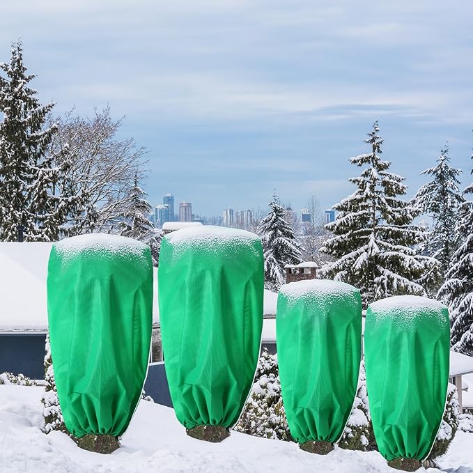 4 Pcs Plant Covers Freeze Protection Reusable Plant Protector with Zipper and Drawstring, Winter Bush Covers Freeze Protection from Cold Sun Frost Wind (Green)