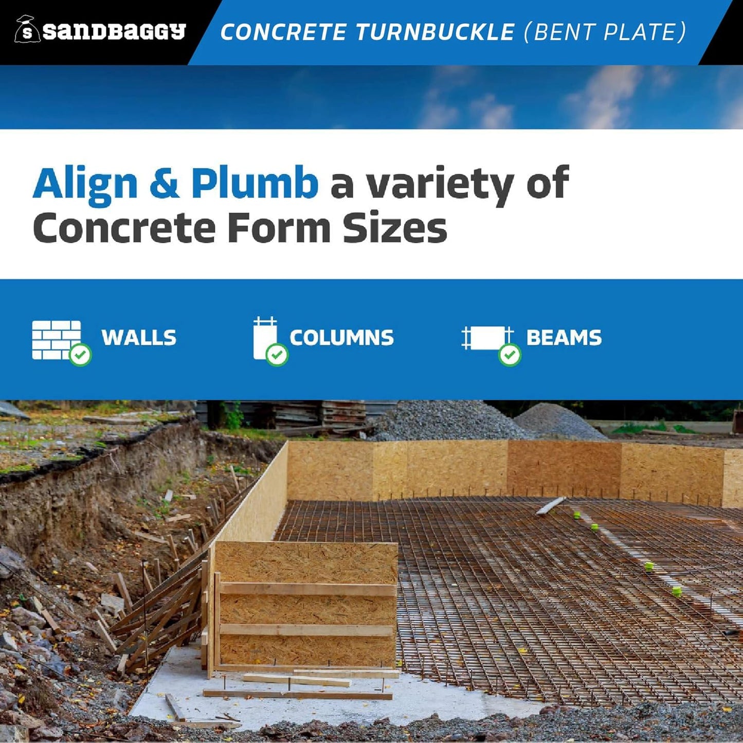 Sandbaggy Concrete Turnbuckle Form Aligner with 5" x 3" Bent Plate (35" - 37.5" Length) - Rust Resistant Steel - Adjustable Wall Brace - Aligns & Plumbs Form Walls, Columns, or Beams (35 inches, 15)