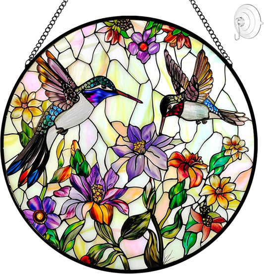 Hummingbird Sun Catcher Stained Glass Window Hanging - Wildflower and Bird Suncatchers for Windows