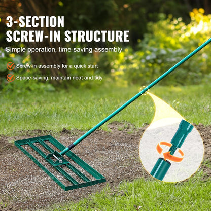 VEVOR Lawn Leveling Rake, 30" x10" Level Lawn Tool, Heavy-Duty Lawn Leveler with 78"" Steel Extended Handle, Yard Leveling Rake Suit for Garden, Golf Lawn, Farm, Green