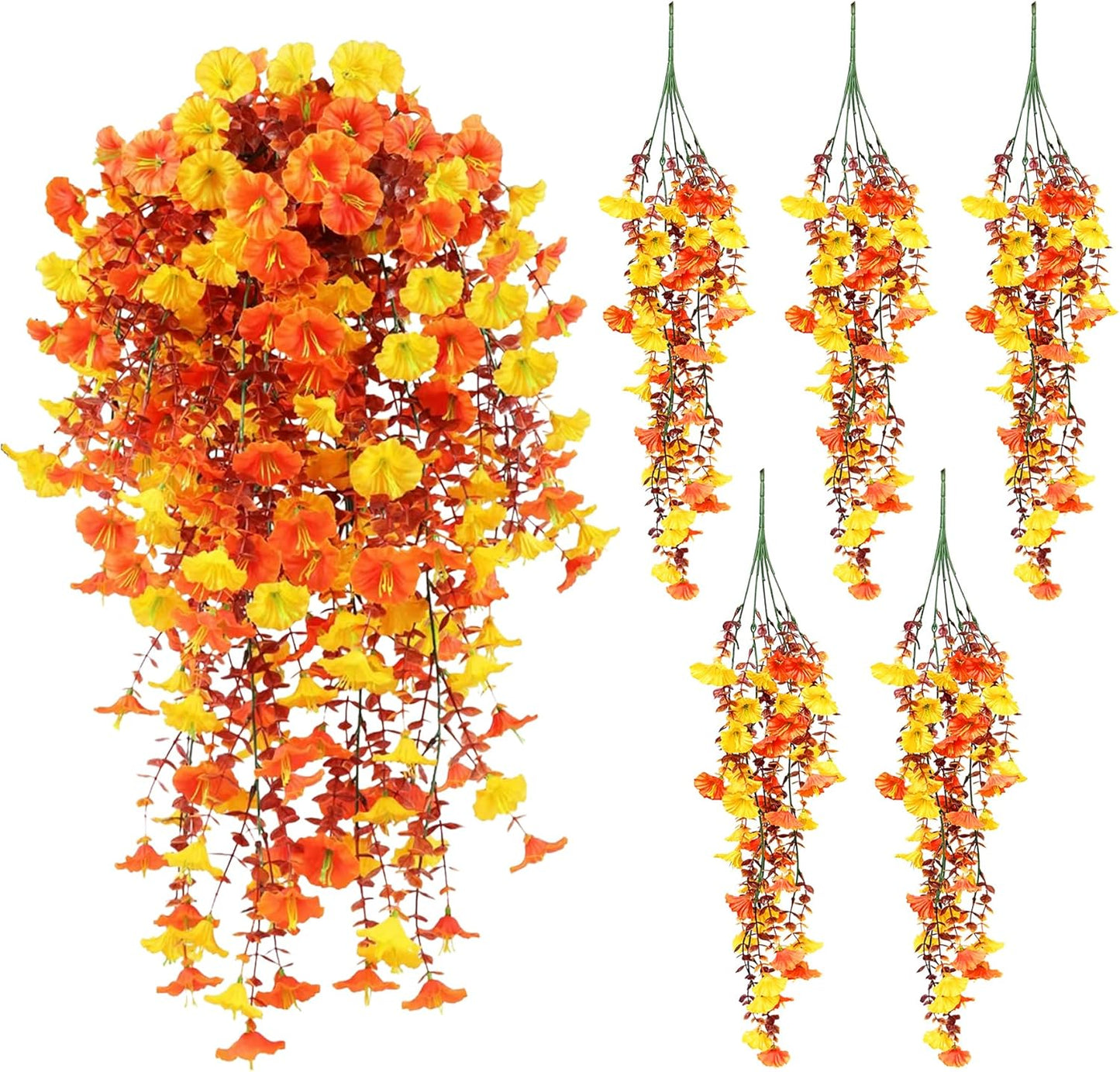 Artificial Hanging Flowers for Outdoors, 5Pcs UV Resistant Faux Petunias, Realistic Fake Silk Long Vines Morning Glory Eucalyptus for Outside Indoor Planter Porch Patio Home Decor