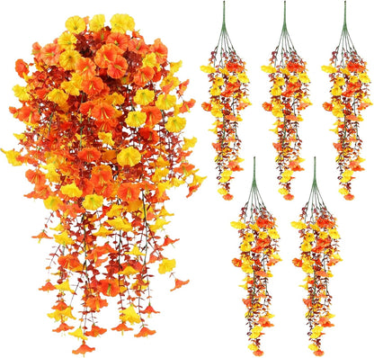 Artificial Hanging Flowers for Outdoors, 5Pcs UV Resistant Faux Petunias, Realistic Fake Silk Long Vines Morning Glory Eucalyptus for Outside Indoor Planter Porch Patio Home Decor