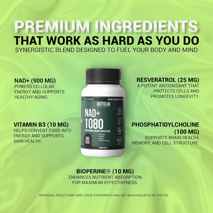 NAD+ Supplement w/ Resveratrol, B12, Phosphatidylcholine & Bioperine – 900mg NAD+ Capsule, 60 Vegan, Non-GMO, Gluten-Free Capsules – Cellular Energy, Bioavailability, Liposomal NAD+ & NMN Alternative