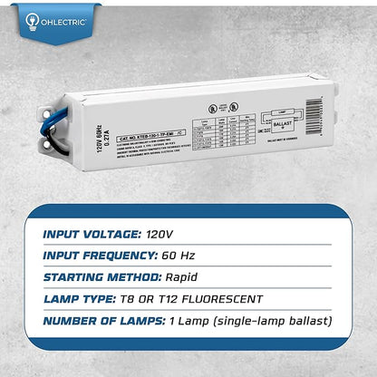 OHLECTRIC Replacement for Keystone KTEB-120-1-TP-EMI 1 Lamp T12 Electronic Fluorescent Ballast | 120V Input with Instant Start Operation | 0.90 Ballast Factor, UL-Approved