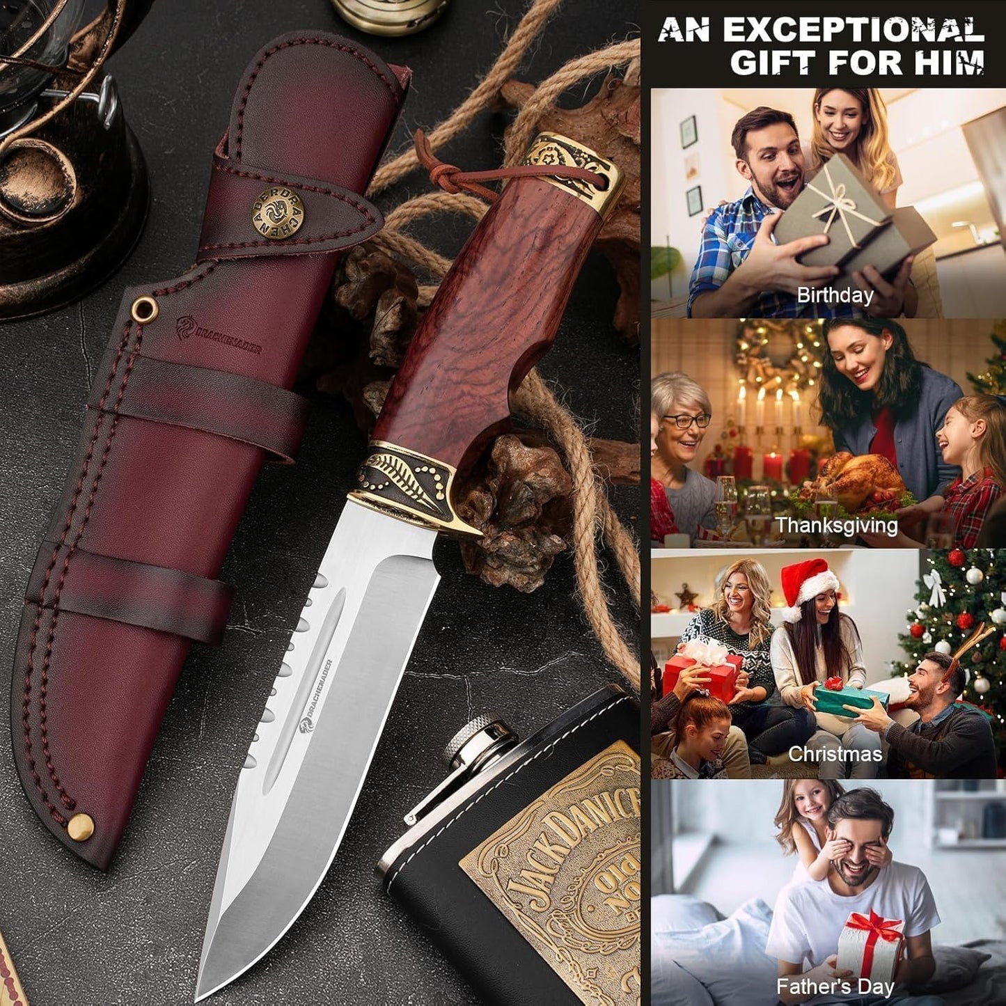 Fixed Blade Hunting Knife with Horizontal Leather Sheath YU-LN, 10.63" Bushcraft Knife for Men with Wood Handle, Gift for Men