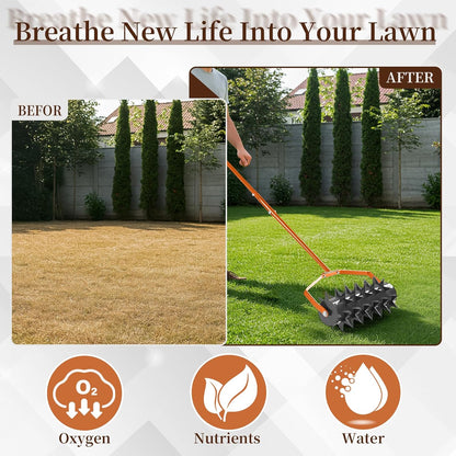Outvita 60’’ Rolling Lawn Aerator, Heavy Duty Manual Aerator Lawn Tool for Garden Yard Patio with W-Shaped Blades ＆ 49" Handle (Orange)