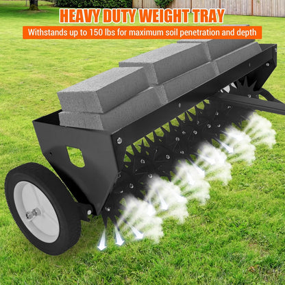 Tow Behind Aerator 40 Inch with Steel Teeth and Transport Wheels, Adjustable Handle Pull Behind Plug Aerator with Tray for Farm Lawn Garden, Durable Lawn Aeration Tool