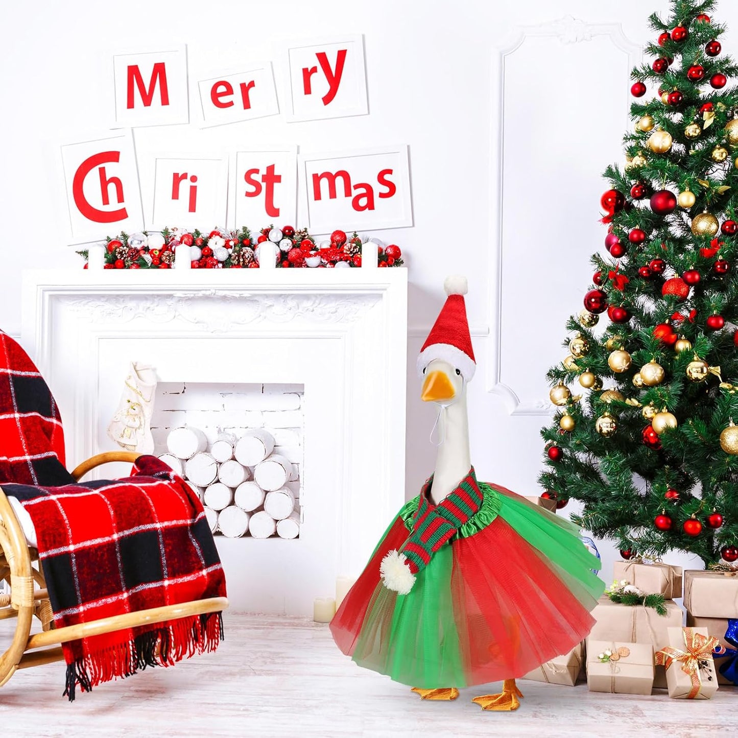 3 Pcs Christmas Porch Goose Outfit for 23'' Lawn Porch Goose Statue Clothes Santa Hat Tutu Costume for Xmas Yard Lawn