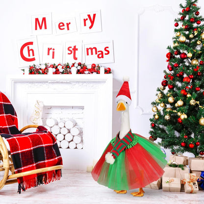 3 Pcs Christmas Porch Goose Outfit for 23'' Lawn Porch Goose Statue Clothes Santa Hat Tutu Costume for Xmas Yard Lawn