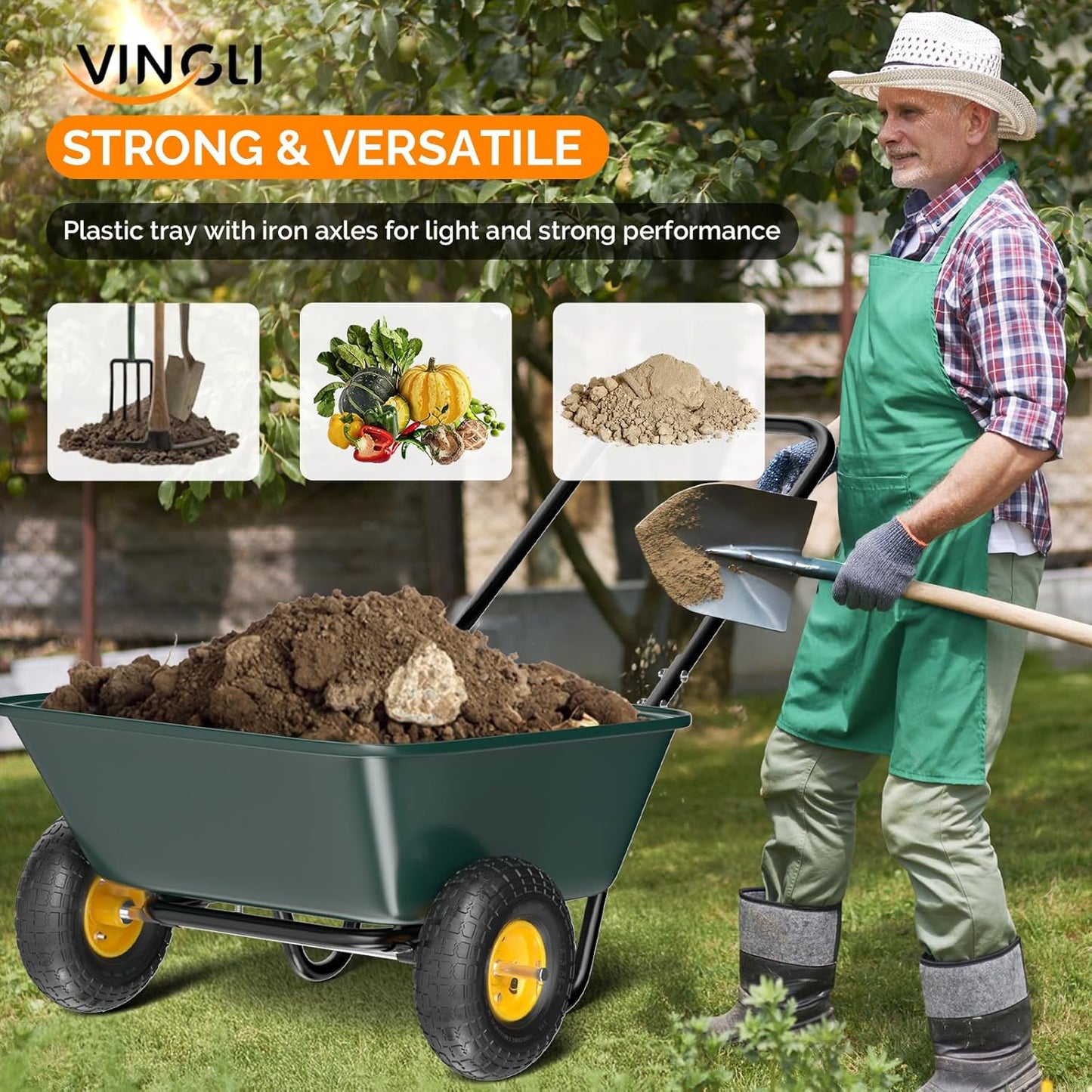 VINGLI 2 Wheel Wheelbarrow, Plastic and Steel Wheel Barrel, 300lbs Capacity Garden Cart for Lawn, Gardening, Construction