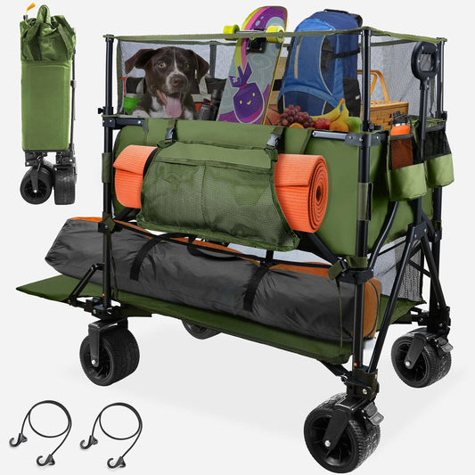 HOPERAN 550L XXL Wagons Carts Foldable, 54" Extra Length & Height Double Deck Collapsible Wagon Cart with Tailgate, 8" Big All-Terrain Wheels, 550lbs Load Utility Grocery Cart for Camping,Sports,Beach