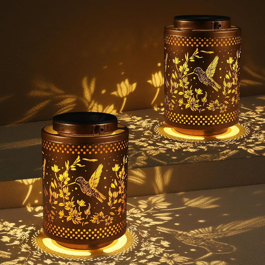 2 Pack Hummingbird Solar Lanterns Garden Decor Birthday Gifts for Women Mon Grandma Metal Hanging Solar Lights Waterproof Outdoor Decoration for Outside LED Lanterns for Yard