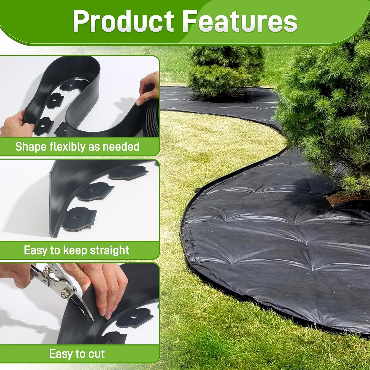 3.15" x 100' No Dig Landscape Edging, Flexible Garden Edging Borders with 90 Anchoring Spikes, Plastic Lawn Edging for Landscaping Garden Flower Beds Grass Yard Paver Pathway, Black