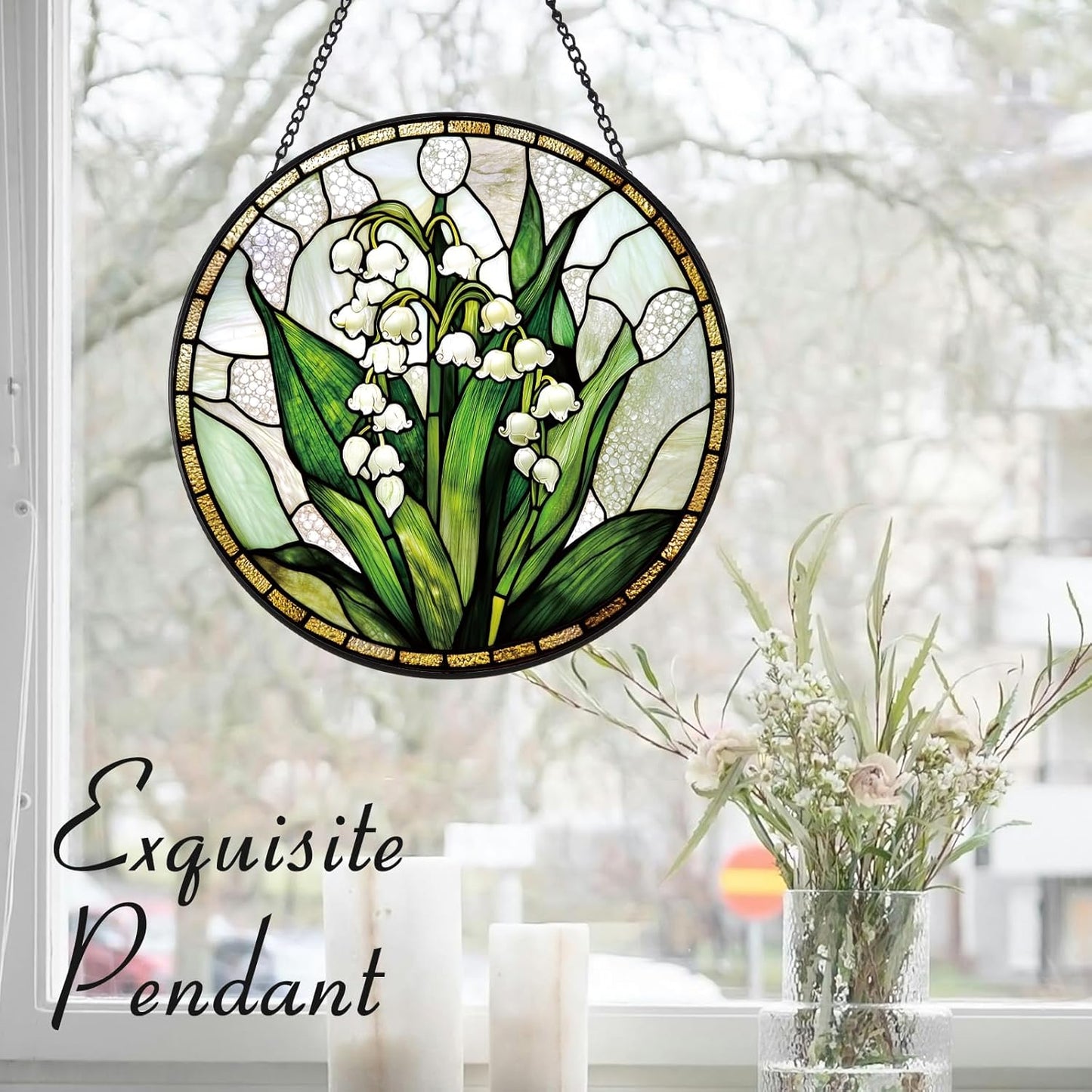 Lily of The Valley Flower Suncatcher -7.9 in Stained Glass Window Hanging Sun Catcher Garden Decor