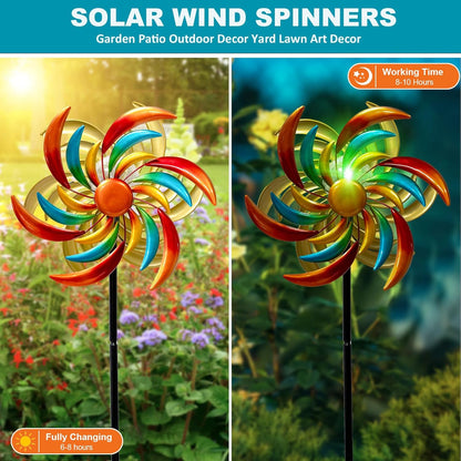 Solar Wind Spinners Outdoor, 60.6 Inch Metal Stake Garden Spinners Decor, Wind Spinner for Yard and Garden with Solar Powered Multi-Color Glass Ball Light (Strip)