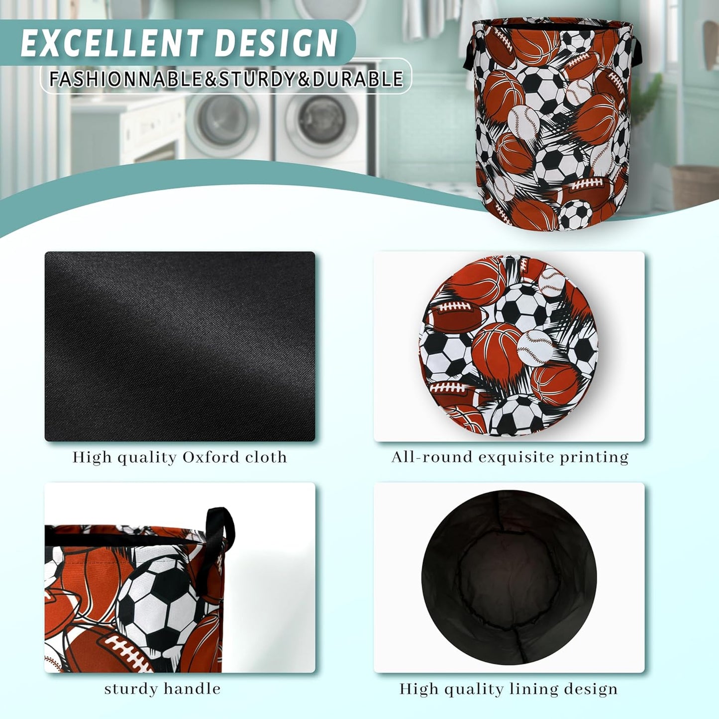 Funny Football Basketball Laundry Basket Foldable With Handles Tote Bag Oxford Cloth Colorful Laundry Hamper Clothes Storage Bucket Toy Organizer For Bathroom/Laundry/Bedroom 18.9" x 16.5 "
