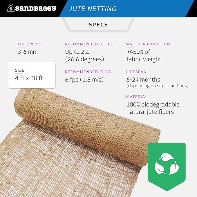 Sandbaggy Jute Netting Roll, 4 ft x 30ft - Biodegradable Erosion Control Blanket for Slopes, Hills & Drainage, Eco-Friendly, Durable Soil Stabilizer, Contractor-Approved for Landscaping (1 Roll)