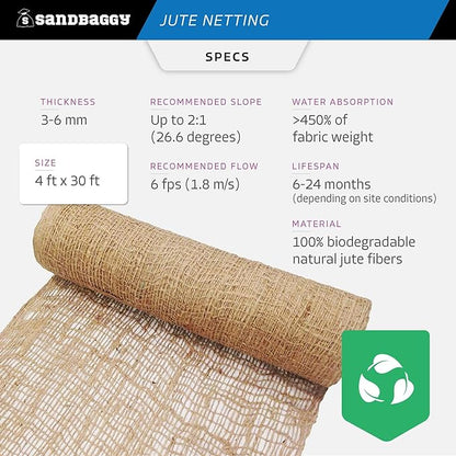 Sandbaggy Jute Netting Roll, 4 ft x 30ft - Biodegradable Erosion Control Blanket for Slopes, Hills & Drainage, Eco-Friendly, Durable Soil Stabilizer, Contractor-Approved for Landscaping (1 Roll)