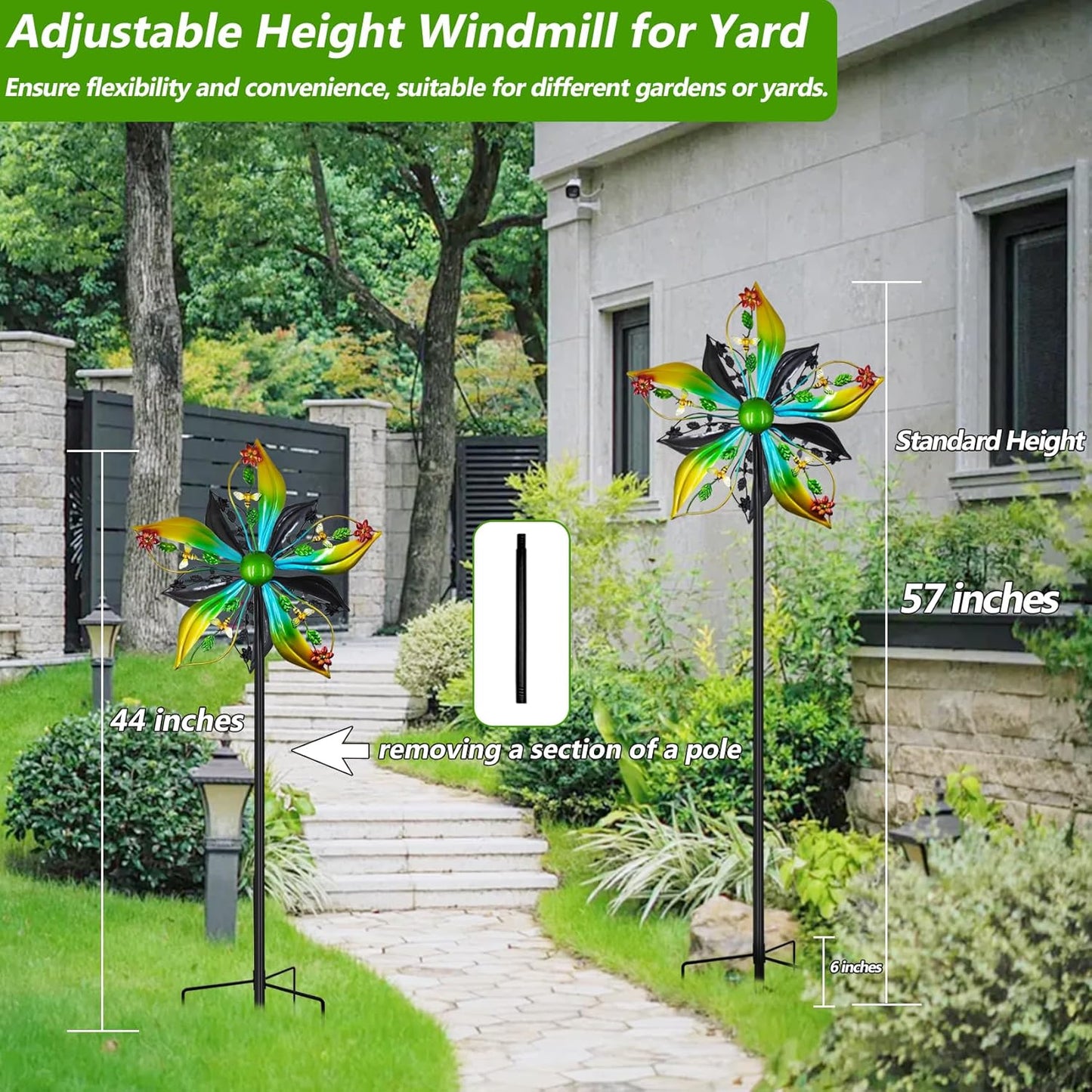 Wind Spinners Outdoor,Kinetic Wind Sculptures & Spinners, 57" Double-Side Metal Wind Spinner for Yard and Garden, Lawn Art Decorations Flower & Bee