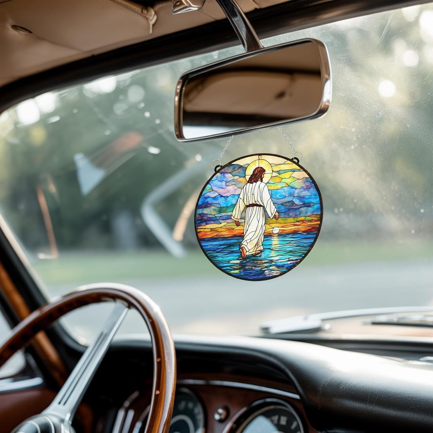 Christian Cross Acrylic Suncatcher Stained Glass Effect Memorial Window Car Hanging Christmas Ornament Indoor Outdoor Decor Garden Sun Catcher for Family Christmas Jesus Gift for Women Mom Grandma