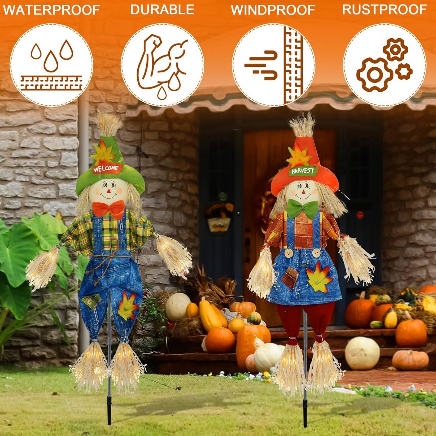 Fall Decorations Outdoor Scarecrow with Firework Lamp, Solar Powered Autumn Harvest Thanksgiving Halloween Decor for Yard,Garden,Porch, Farmhouse - 39 Inch