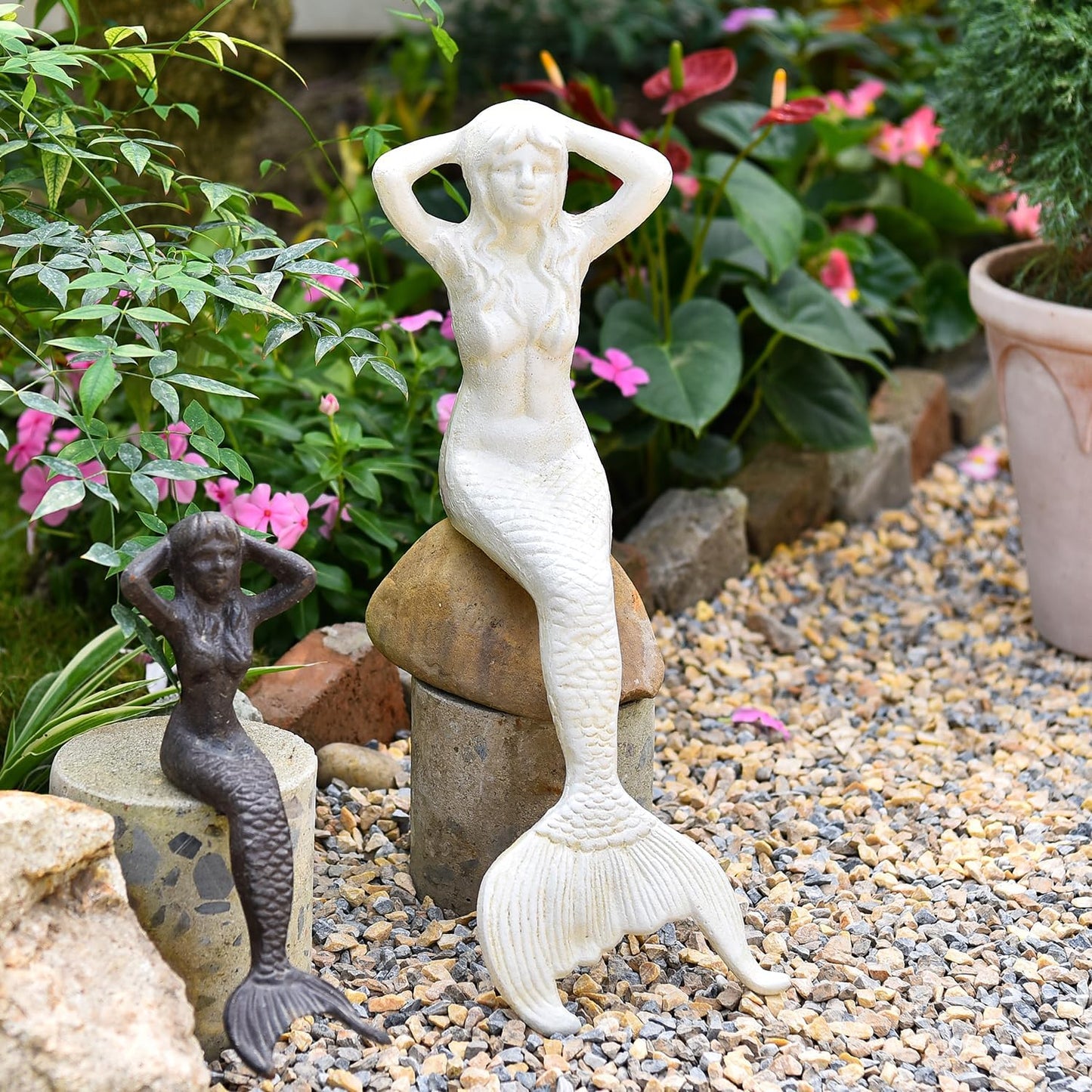 Sungmor 14.3" Tall Large Cast Iron Mermaid Statue, Sitting Mermaid Sculpture Decoration for Pool Pond Birdbath Shelf Desk, Rustic White Garden Figurines for Indoor Outdoor Fish Tank Fountain Rockeries